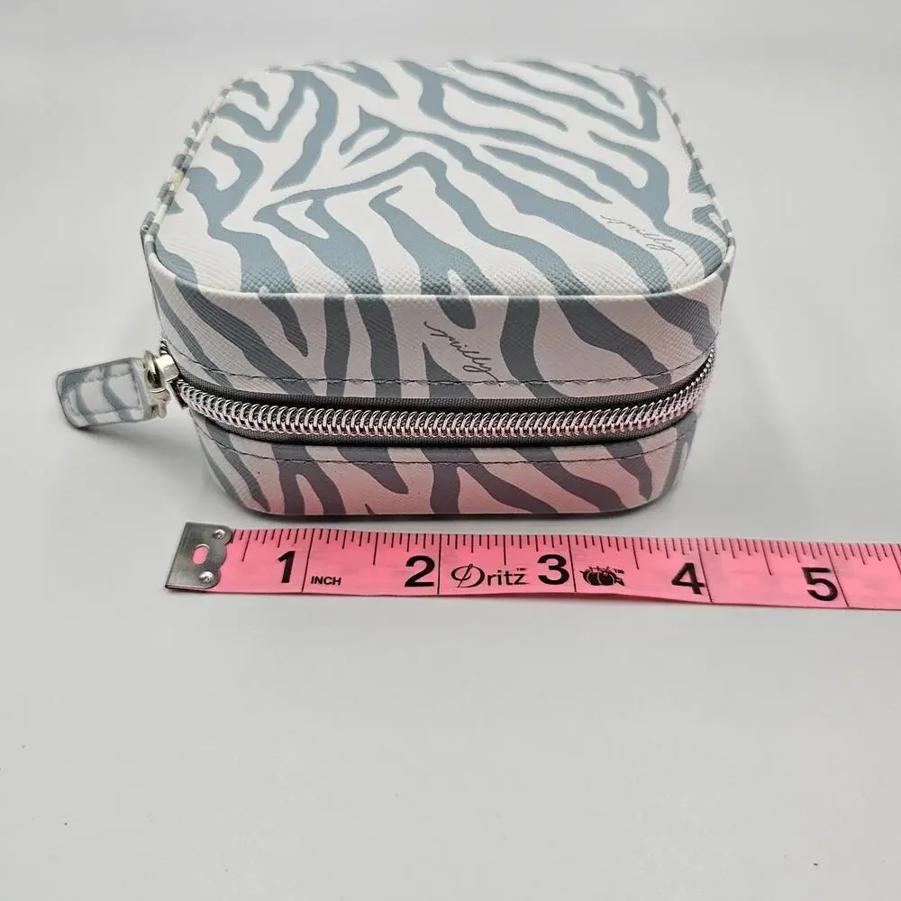 Milly‎ Blue Zebra Print Traveling Jewelry Case Mini Square Zip Organizer Mirror